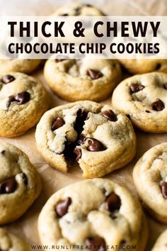 thick and chewy chocolate chip cookies on a baking sheet with the title text overlay