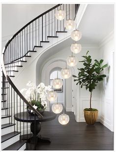 a staircase with lights hanging from it and a potted plant next to it on the floor