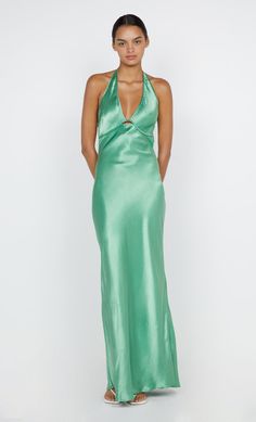 Designed in a flattering silhouette, the BEC + BRIDGE Zariah Halter Dress is cut from a lustrous fabric. The dress features a deep V and a statement halter neckline that ties above an open back. This product is certified Australian made. Dress Plunging Neckline, Prom Dress Shopping, Bec & Bridge, Brides And Bridesmaids, Halter Neckline, Green Apple, Plunging Neckline, Guest Dresses, Maxi Dresses