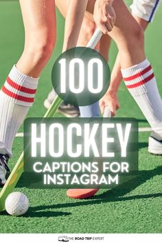 the words hockey captions for instagram are in front of two people playing field hockey