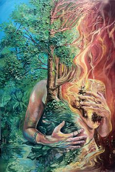 a painting of a woman holding a tree in her hands with fire coming out of it