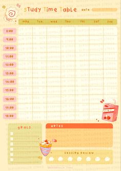 an image of a timetable with food items on it