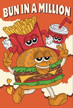 an image of a cartoon character holding up a hamburger and fries with the words bun in a