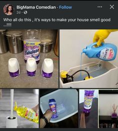 several pictures with different things in them including cleaning products