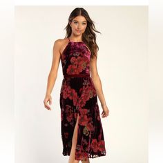 Velvet A-Line Midi Dress High Neck. Great For Fall And Winter Weddings, Never Worn, Nwt Burgundy Midi Length Dress For Date Night, Burgundy Midi Dress For Date Night, Burgundy Knee-length Midi Dress For Date Night, Red Velvet Dress For Date Night, Hot Pink Bodycon Dress, Floral Velvet Dress, High Neck Midi Dress, Burgundy Midi Dress, Asymmetrical Midi Dress