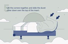 an image of a mattress with the words lift the corners together and slide the duvet cover down over the top of the insert