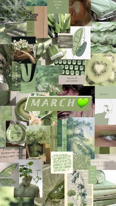 a collage of green and white images