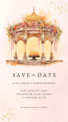 Wedding card with rose pink background and mandap in watercolour style Save The Date Templates Indian, Wedding Invite Illustration, Traditional Indian Wedding Invitations, Wedding Invites Ideas, Save The Date Wedding Card