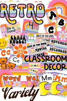 This groovy, retro classroom decor bundle has a fun boho vibe for any elementary grade. Your preschool, kindergarten, first grade or homeschool class will love this fun 70s and 80s bulletin board and classroom bundle. You will find editable labels and posters, banners, number and alphabet lines, desk name tags, calendar wall pieces and more with that retro fun look. Look no further for a groovy theme! Pe Decorations, Groovy Retro Classroom, Retro Bulletin Board, Business Education Classroom, Retro Classroom Decor, Groovy Theme, 2023 Classroom, Retro Classroom, Classroom Decor Bundle