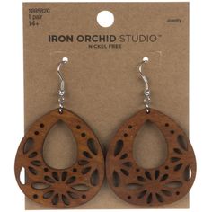 Add a touch of boho flair to your wardrobe with Laser Cut Wood Teardrop Earrings. These wood earrings have a rich brown finish and laser cut designs on a teardrop surface. Pair them with casual or formal outfits for a down to earth look!     Details:   Length: 2 1/2"  Width: 1 9/16"  Metal Color: Silver      Card contains 1 pair of earrings. Wood Teardrop Earrings, Gourd Jewelry, Laser Engraved Earrings, Laser Cut Designs, Silver Card, Glow Forge, Laser Cut Wood Earrings, Laser Printing, Paired Jewelry