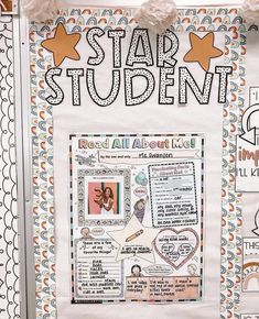 a bulletin board with pictures and writing on it that says star student read all about me