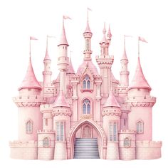 a drawing of a pink castle with flags flying