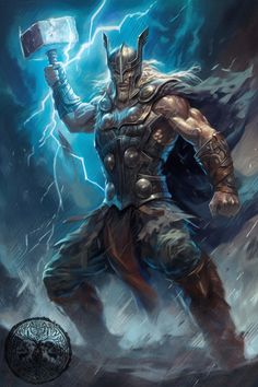 a man in armor holding a hammer with lightning coming out of his chest and the word thor