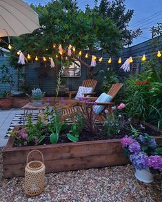 an outdoor patio with flowers and lights