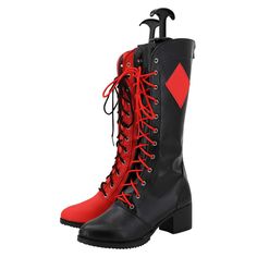 a pair of boots with red and black laces