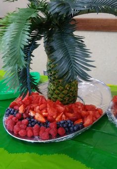 a plate full of berries and pineapples next to a palm tree on a table