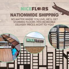 an advertisement for nice floors showing the different flooring options in front of their store