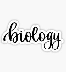 the word biology written in cursive black ink on a white background sticker