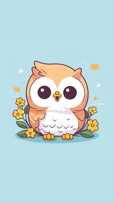 an owl with big eyes sitting on some flowers