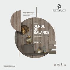 an advertisement for the sense of balance exhibition, with wood paneling and gold accents