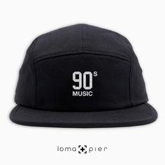 90's MUSIC typography embroidered on a black cotton 5-panel hat with white thread by loma+pier hat store. 90's MUSIC cotton 5-panel hat is 100% cotton, soft-structured, and low-profile with metal eyelets and a nylon strap clip closure. it features 90's MUSIC typography embroidered on the front with a small loma+pier logo on the left side. each order is custom made in the USA and can only be found in the loma+pier hat store. Beverly Hills Sign, Music Hat, Bucket Hat Fashion, California Bear, Hat Stores, 5 Panel Hat, Panel Hat, Vintage Typography, Gold Thread