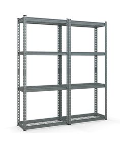 a metal shelving unit with four shelves on each side and one shelf below it