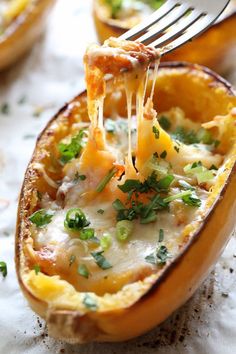 four pictures showing different types of food in an egg shell with cheese and vegetables inside