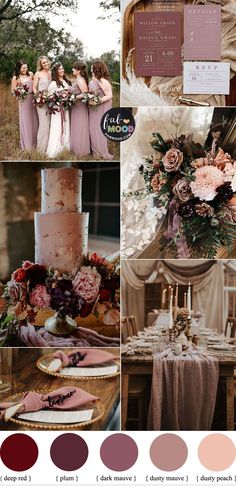 wedding color palettes for the bride and groom in shades of pink, red, purple