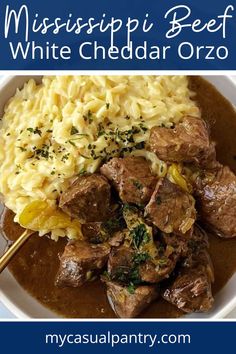 bowl of mississippi beef with orzo. Orzo Recipes Beef, Stew Meat Dinner Ideas, Beef And Orzo Recipes, Dinner Winter Recipes, Ground Beef Orzo Recipes, Braut Recipes Dinners, Beef Orzo Soup, Mississippi Beef Stew, Recipes For Stew Meat