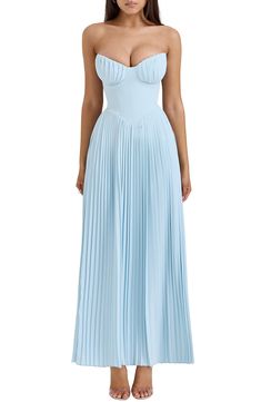 HOUSE OF CB Marcella Strapless Pleated Georgette Gown | Nordstrom Strapless Bustier, Sleeveless Skirt, Wedding 2025, Elegant Maxi Dress, Pleated Maxi Skirt, Off Shoulder Fashion, Strapless Maxi, Backless Maxi Dresses, Garden Parties