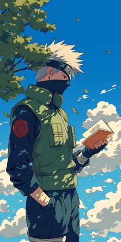 an anime character standing in front of a tree and holding a book with the sky behind him