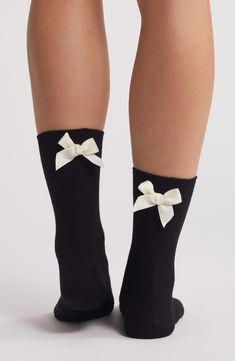 Ribbon bows sweeten these cotton-blend quarter socks designed to make a statement. Cotton/polyester Machine wash, tumble dry Imported Bow Socks, Statement Socks, Clara Bow, Quarter Socks, Dress Socks, Fabric Gift Bags, Designer Socks, Fabric Gifts, Free Fabric