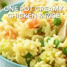 a bowl filled with rice, peas and carrots next to the words one pot creamy chicken and rice