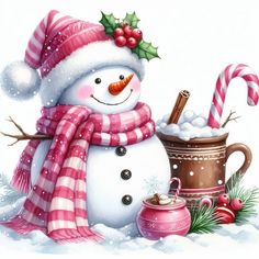 a painting of a snowman with a mug and candy cane