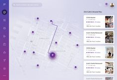 a purple and white web page with several locations on the screen, including an arrow