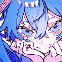 a drawing of a girl with blue hair and big eyes holding her hand to her face