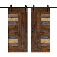 two wooden doors with metal handles on each side and wood planks on the outside