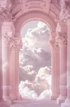 an archway leading into the sky with clouds in it and sunlight coming through from behind