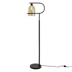 a black floor lamp with a glass shade on it's base and an electric cord plugged into the bulb