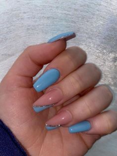 2023 Sns Nails, Nagel Inspo Ballerina, Blue And Tan Nails, Nails 2023 Blue, Prom Blue Nails, Cute Ballerina Nails, Dusty Blue Nails Acrylic, Blue Nails Prom, Blue Nails 2023