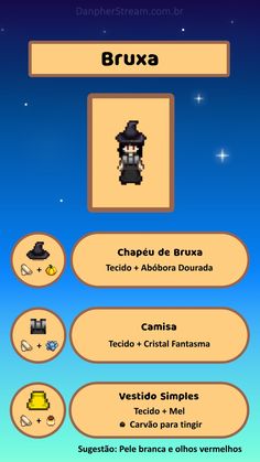 Roupa de Bruxa no Stardew Valley Halloween Stardew Valley, Stardew Sewing Recipes, Stardew Valley Goth Outfit, Stardew Valley Halloween Costume, Stardew Clothes Recipes, Stardew Clothes Guide, Stardew Valley Winter Outfit Ideas