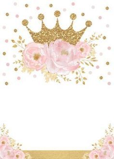 pink roses and gold glitter crown on a white background with polka dot border for text