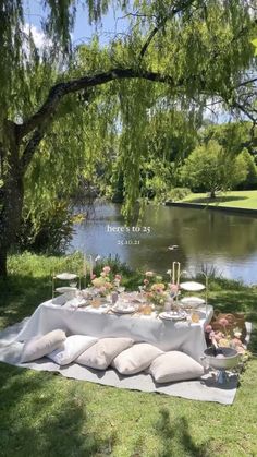 a table set up on the bank of a river for an outdoor party or picnic