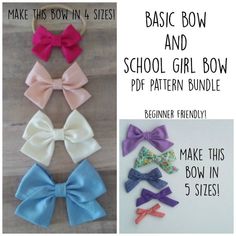 Basic Bow and School Girl Bow PDF Pattern bundle | Etsy Fabric Hair Bows Diy, Fabric Bow Tutorial, Newborn Hair Bows, Hair Bow Instructions, Diy Hair Accessories Ribbon, Fancy Bows, Hair Bow Tutorial, Fabric Hair Bows, Toddler Bows