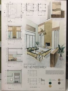 an architectural drawing of a living room with furniture and floor plans on the front page