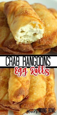 crab rangoons and egg rolls on a white plate with the words crab rangons