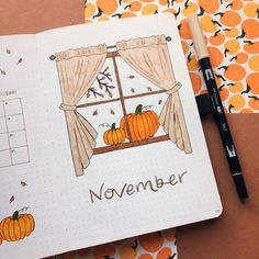 november fall window bullet journal theme #bujo #bujoideas #bulletjournal #bulletjournaling #bulletjournalideas Fall Bujo Cover, November Bujo Theme Ideas, November Bulletin Journal Ideas, November Journal Spread, November Reading Journal, November Page Bullet Journal, Fall Bullet Journal Theme, November Bullet Journal Cover Easy, Bullet Journal Ideas For November