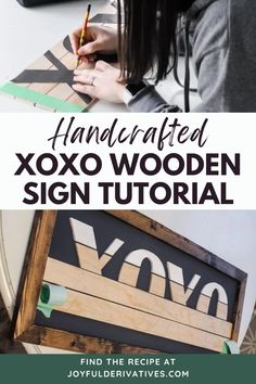 a sign with the words handcrafted, xoxo wooden sign on it