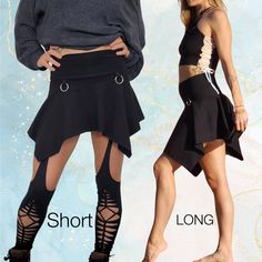 Step up your style game with the Pixie Skirt! Offered in two lengths, Short and long. The short version definitely shows off some booty, and is fun to pair with booty shorts, or garters. The longer length can easily be worn by itself and also is fun to layer. This skirt twirls open like a flower.  Crafted from high-quality, thick jersey fabric. Super cute to wear with boots or leg warmers.  This skirt comes in the classic black and white, ensuring they effortlessly blend with any ensemble. Made from a premium blend of 95% cotton and 5% spandex, which is naturally firesafe, they provide a soft, stretchy fit that's both flattering and comfortable. Sizing Choose the perfect size for you: * XS: 00 S: 0-2 M: 4-6 L: 8-10 XL: 12-14 2X: 16-18 Waist (inches) xs 23-24 S 25-26 M 27-28 L 30-32 XL 33-3 Pixie Skirt, Rock Festival, Festival Clothing, Garters, Festival Outfits, Leg Warmers, Long Length, Step Up, Jersey Fabric