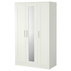 a white armoire with mirrored doors on the front and side panels, against a white background